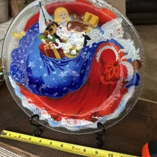 Peggy Karr Fused Glass Santa Round Plate Platter 11” Christmas Holiday