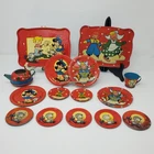 Vintage 1940's-50's Ohio Art Tin Litho Tea Set  Girl Boy Cat Flower 15 Pc Toys