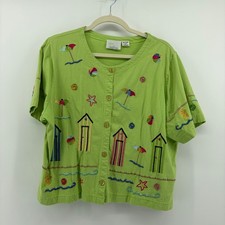 Tropico Button Front Top Lime Green Size XL Beach Hut Embroidered Beaded Cotton