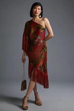 Farm Rio NWT One-Shoulder Fringe Midi Dress Floral Muted Red Asymmetric Size XS