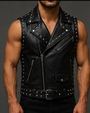 Men's Black Lambskin Leather Biker Vest Studded Rocker Waistcoat, Streetwear