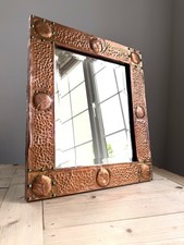 Antique Arts & Crafts Copper Lined Rectangle Wall Mirror, Wooden Frame, Hammered