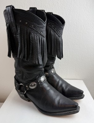 Laredo Black Leather Fringe Concho Studded Harness Womens Cowboy Boots Size 7.5