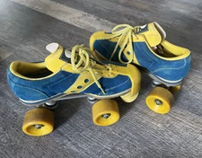 Vintage Spot-Bilt Jogger Roller Skates Sure-Grip Blue Yellow Suede Size 6 USA