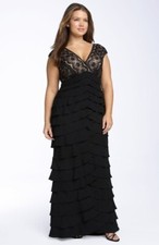 ADRIANNA PAPELL Black Nude Lace Shutter Pleated V-Neck Maxi A-Line Gown 22W = 3X