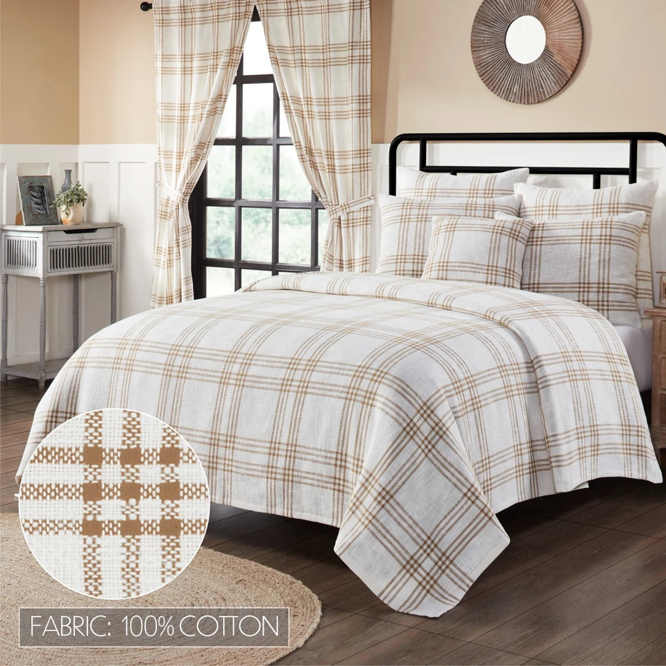 Wheat Plaid King Golden Tan White WovenCoverlet Country Cottage Farmhouse 97x110 - Image 4 of 4