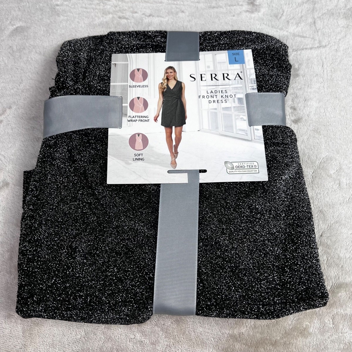 Serra Front Knot Dress Wrap Black Glitter size L Women Sleeveless NWT