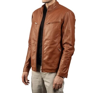 Men's Genuine Lambskin Leather Cafe Racer Brown Jacket Fashion Moto Biker Jacket