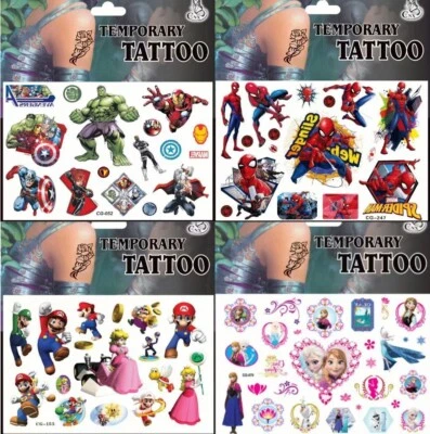 Marvel Temporary Tattoo Frozen Press-on Sticker Avengers Spiderman Mario 1-Sheet