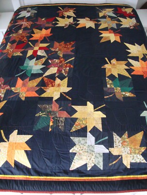 Pieced Autumn Leaves Abstract Quilt with Metallic Thread Accents (84 x 84)