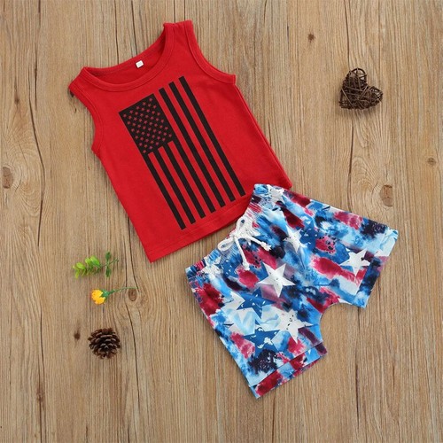 Toddler Kids Boys Independence Day Vest Tops American Flag Flared Shorts Set - Picture 3 of 12