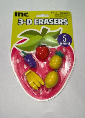 3-D ERASERS 5 PIECE SET SMUDGE PROOF DURABLE FRUIT SHAPES