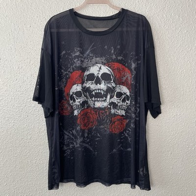 Romwe Skull and Roses Mesh Shirt Plus 2XL Sheer Festival Concert Gothic Rock
