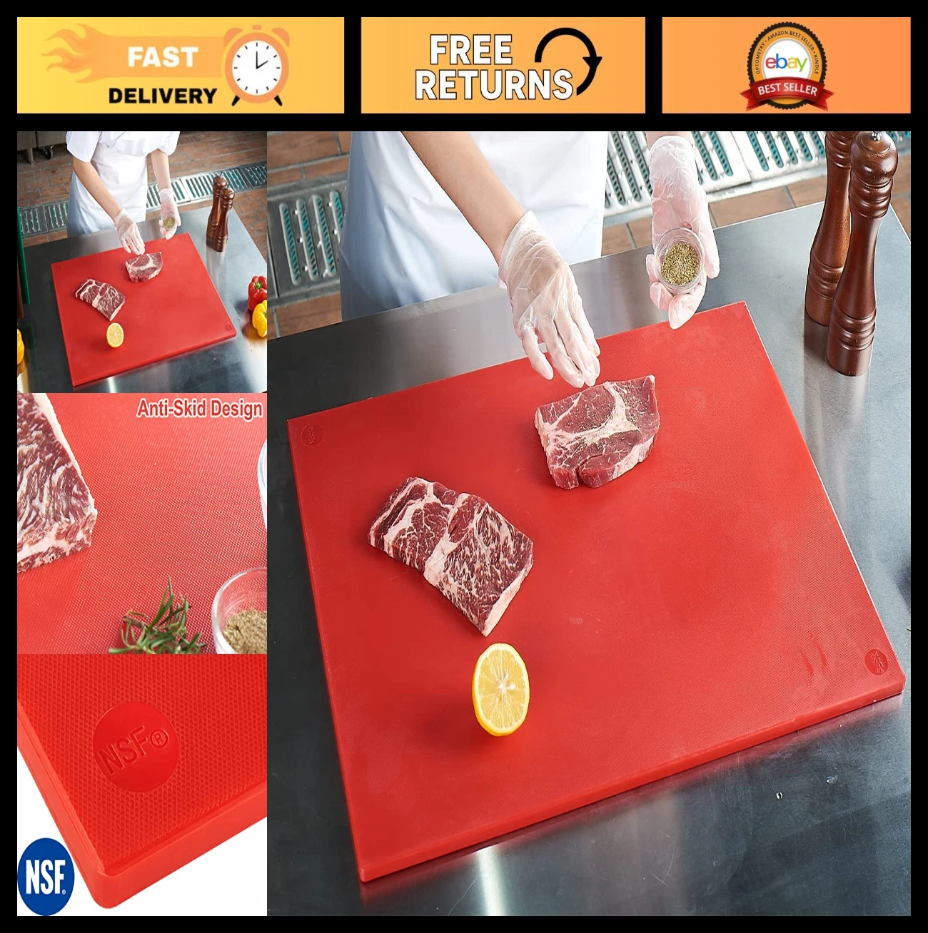 Large 24x18 Red Plastic Cutting Board - Non-Slip, Dishwasher Safe, Color Coded C