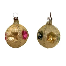 2 Vintage Miniature Feather Tree Star-Shaped Indent Glass Christmas Ornaments