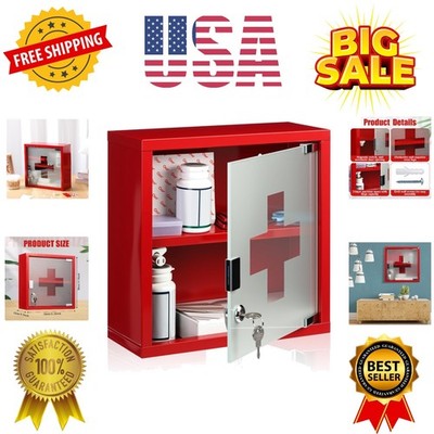 First Aid Wall Cabinet with Lock Medicine Wall Mounted Bathroom Storage Hangi...