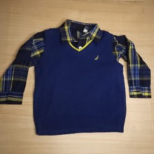 Nautica Toddler Boys Blue Yellow Plaid Button Down Matching Sweater Vest...