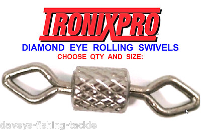 TRONIX DIAMOND EYE ROLLING BARREL SWIVELS SIZE 1/0,1,2,4,6,8.10,12,10,25,50,100