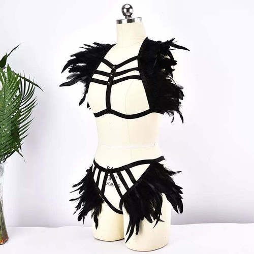 Victorian Cosplay Goth Feather Body Harness and Brief SET - Black (Style 10) - Picture 2 of 5