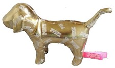 Victoria Secret Gold Dog Plush Pink Logo Metallic Faux Leather New