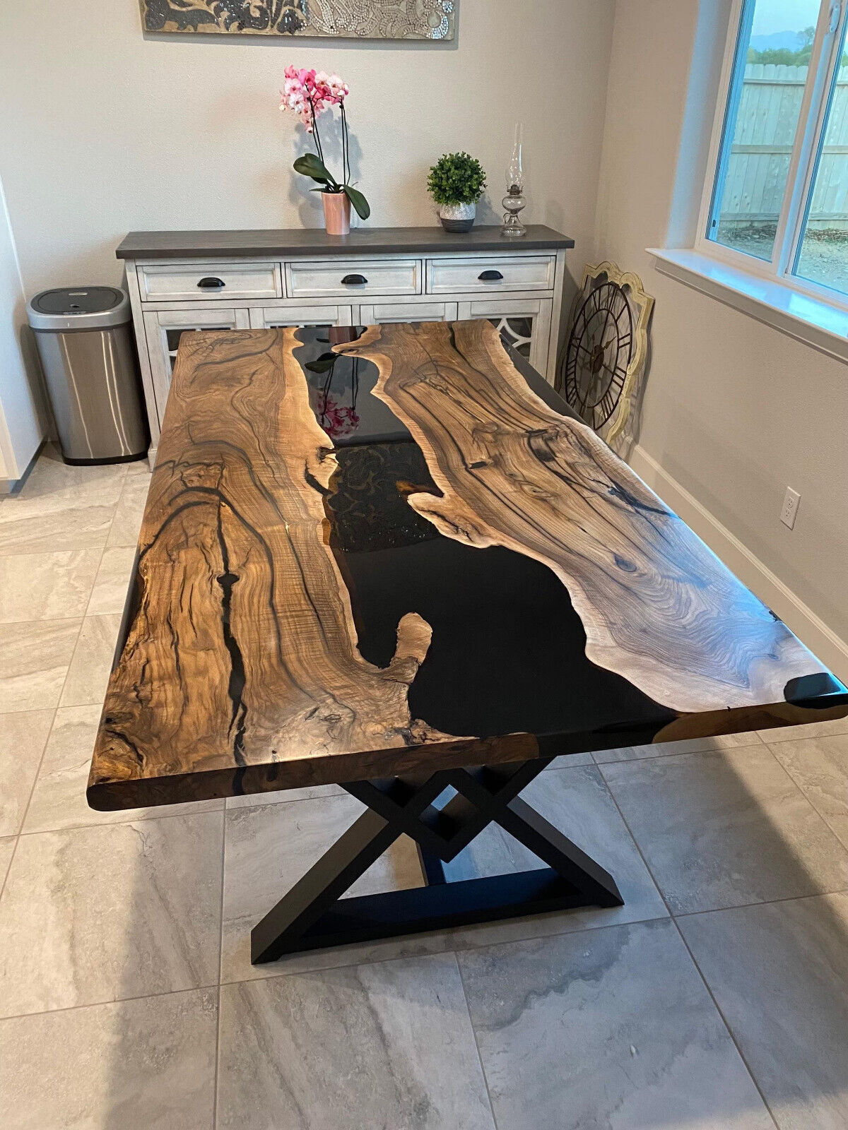 Black River Epoxy Dining Table, Live Edge Wooden Table, Modern Acacia Furniture