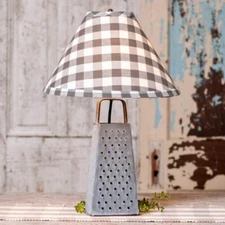 Cheese Grater Lamp with Gray Check Shade in Weathered Tin Finish by Irvins 