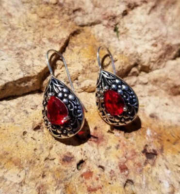 Vintage Inspired Earrings S925 Teardrop Red CZ Earring 