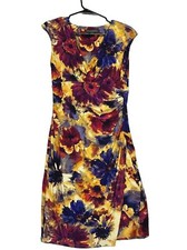 Lauren Ralph Lauren Womens Dress 8 Gold Red Watercolor Floral Faux Wrap Ruched