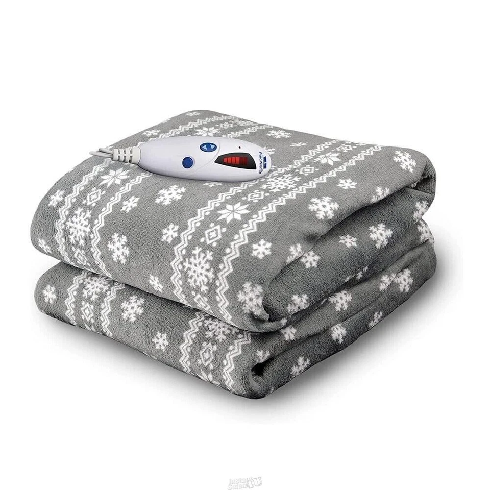 Pure Warmth Microplush Electric Heated Warming Throw Heat Blanket Grey Snowflake - Image 2 of 3