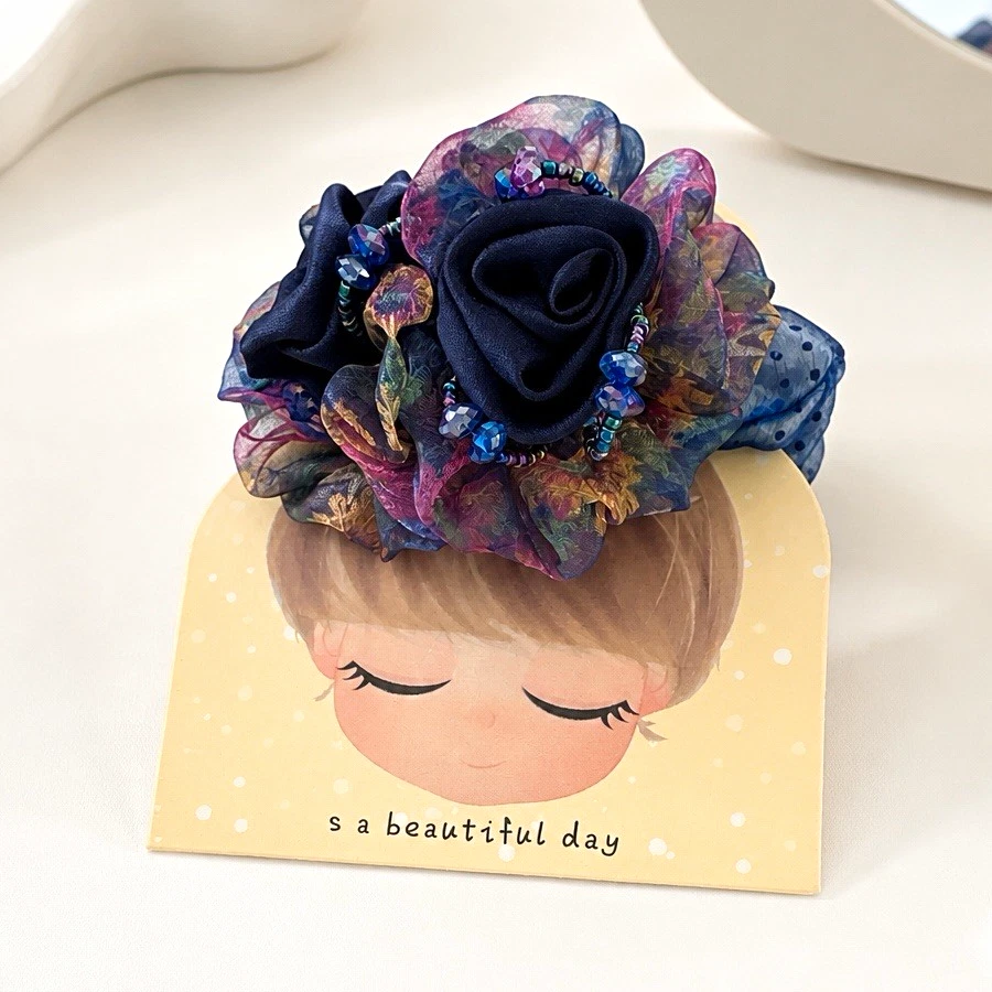 Anthropologie Striped Cream & Blue Scrunchie + Black Floral Scrunchie (Set of 2) Anthropologie Scrunchie | eBay main image 2