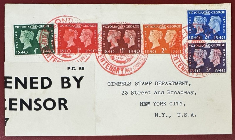 Great Britain, 1940 Stamp Centenary, Scott #252-257, WWII Censored F.D.C.