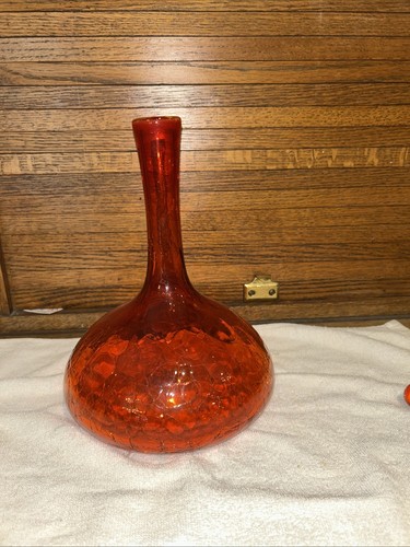 BLENKO 6516 Genie Bottle Decanter Tangerine CRACKLE J. Myers W/Stopper 1965 - Picture 2 of 6