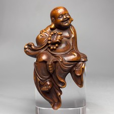 3.4" China Exquisite Boxwood Handmade Carved Maitreya Buddha Statue B116