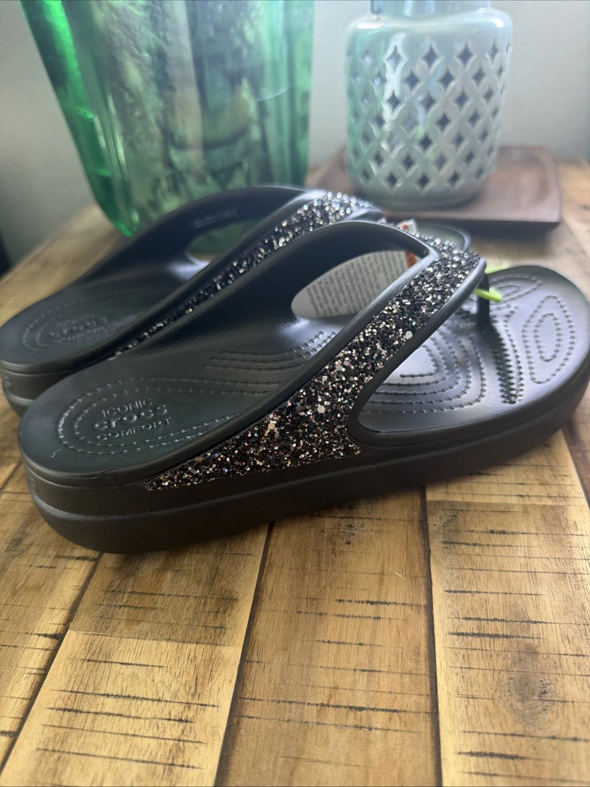 Crocs Sloane Glitter Wedge Flip Flops Womens Size 10 Black Sandals NWT