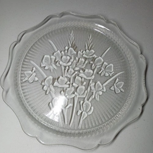 VTG JEANNETTE DEPRESSION Glass IRIS-HERRINGBONE CAKE-SANDWICH TRAY Platter 12"