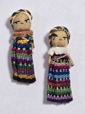 2- Mini Guatemala Worry Dolls Tiny Miniature 2.5" Woven Dresses Silk Faces