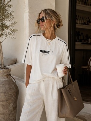 Ena Pelly Fast Track Tee White Logo Contrast Trim Oversized Shirt US 2