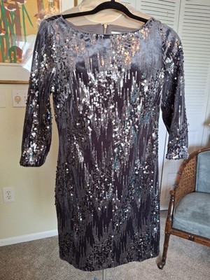 Eliza J Grey Velvet Sequin Shift Dress Size 8 3/4 Sleeves BodyCon Party Cocktail