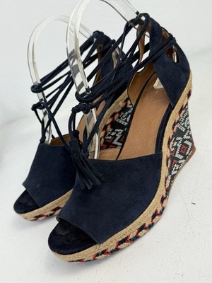 CAbi Isla Size 8 Blue Suede Leather Espadrille Wedge Heel Shoes Lace Up Sandals