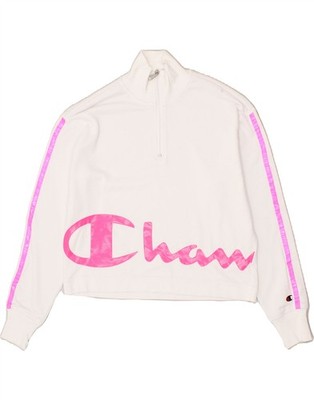 Champion Damen Sweatshirt Pullover mit Reißverschluss am Ausschnitt UK 10 Small weiß Baumwolle AK12