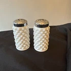 Vintage Fenton White Milk Glass Hobnail Salt & Pepper Shaker Set Metal Lids