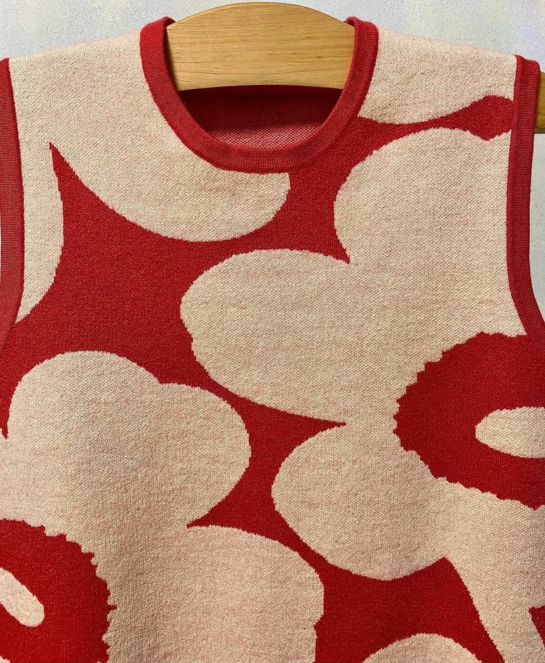 Marimekko Финляндия Tilma Unikko шерстяная смесь вязаный жилет красный белый цветочный дизайн - Изображение 4 из 4