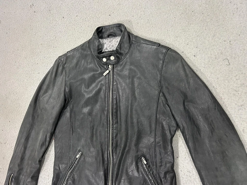 Chaqueta de cuero Guess para mujer pequeña negra motociclista cremallera bolsillos abrigo forrado Foto 2 de 4