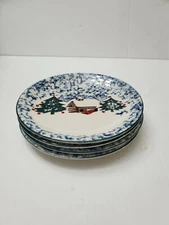 Set (4) Tienshan Folkcraft CABIN IN THE SNOW Red Dots Salad Plates  Excellent