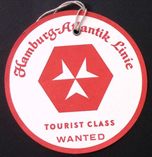Hamburg Atlantik Linie Tourist Class Vintage Luggage Tag  4.25"