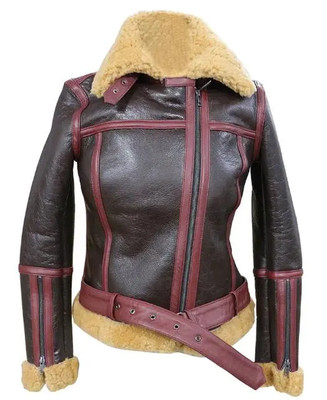 Damen B3 Bomber Flieger Lammfell Lederjacke - Handarbeit echtes Lammfell Fu