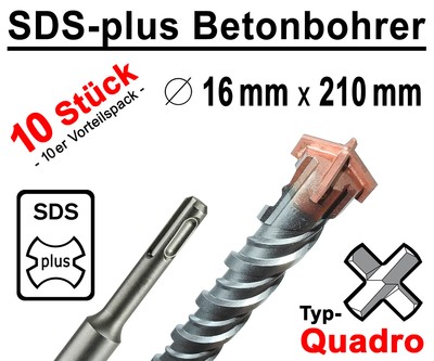 10 Stück SDS-plus Betonbohrer 16 x 210 mm Quadro Bohrer Hammerbohrer Steinbohrer