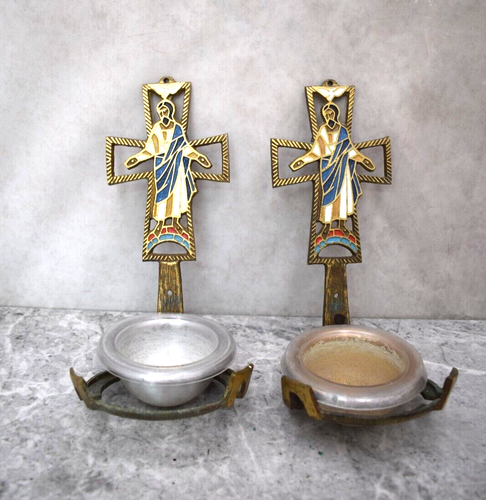 Pair of Vintage Holy Water Fonts with Bowl Liners, Enamel (CU563) chalice co - Picture 2 of 12