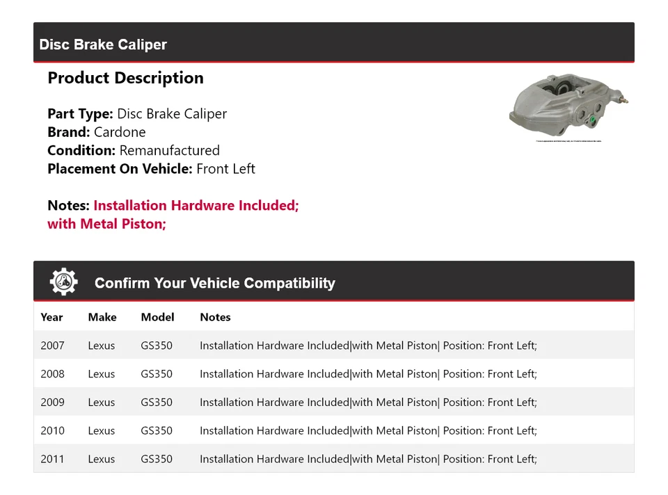 Pinza de freno de disco delantera izquierda Cardone 2008 2009 2010 para Lexus GS350 2007-2011 Foto 2 de 4
