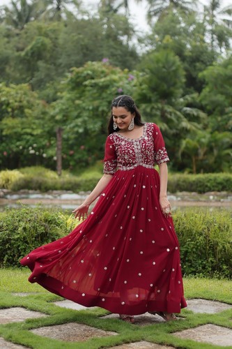 Red Anarkali Gown Wedding Wear gown Indian Partywear dress Full Stitched Gown - Picture 8 of 10